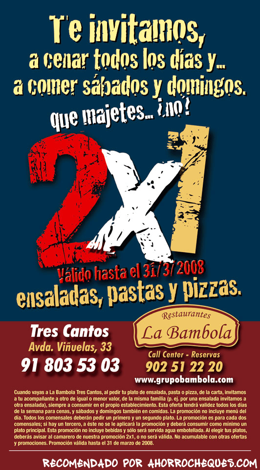 Cheque Promoci&oacute;n 2x1 Restaurantes Grupo Bambola