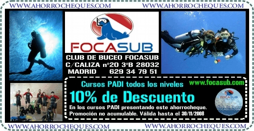 10% de Descuento para Cursos PADI Club de Buceo Focasub Madrid